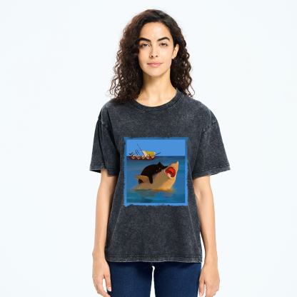 Tokyo-Tiger Black Cat With Shark Washed T-Shirt