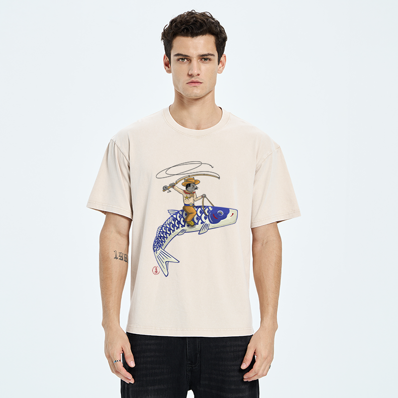 Tokyo-Tiger Cowboy Mouse Ride Fish Washed T-Shirt