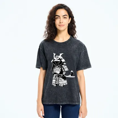 Tokyo-Tiger Japanese Samurai Black Cat Washed T-Shirt