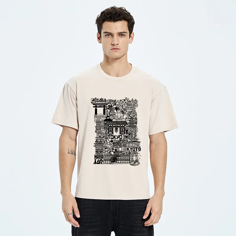 Tokyo-Tiger Japanese Line Cityscape Washed T-Shirt