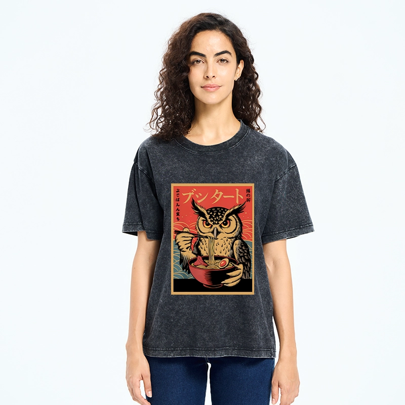Tokyo-Tiger Ramen Lover Owl Washed T-Shirt