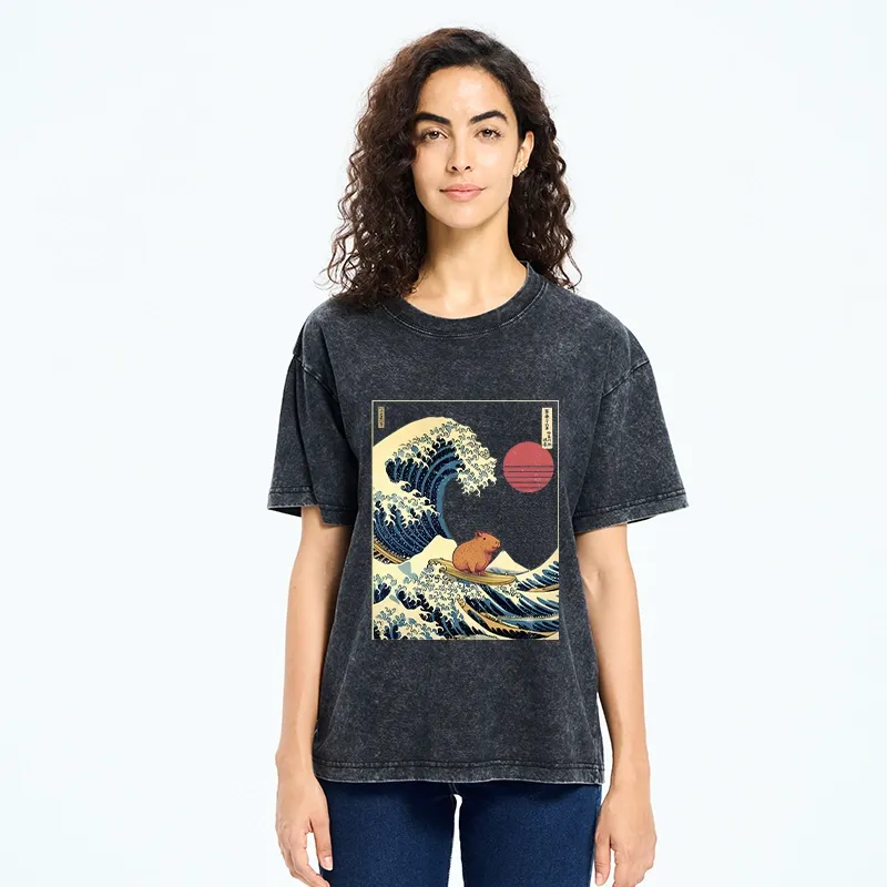 Tokyo-Tiger Capybara Surfing Washed T-Shirt
