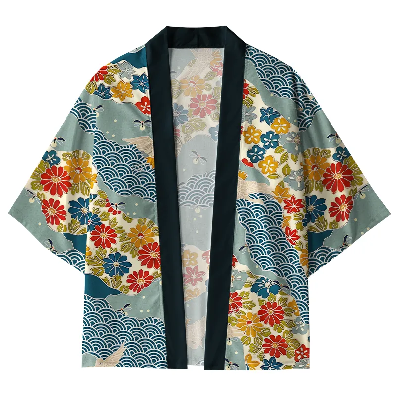 Tokyo-Tiger Colorful Flowers And Waves Kimono Cardigan