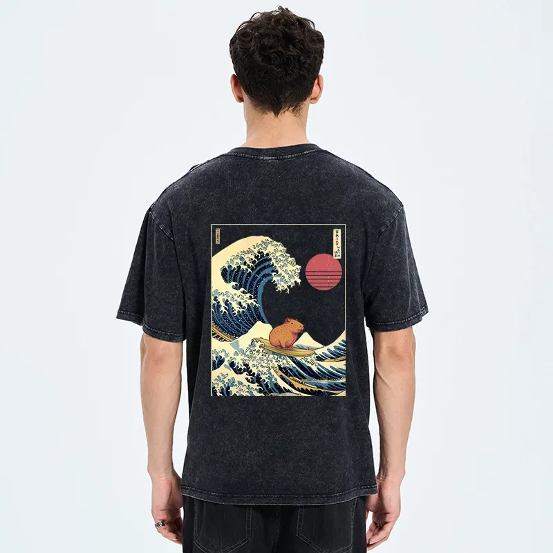 Tokyo-Tiger Capybara Surfing Back Washed T-Shirt