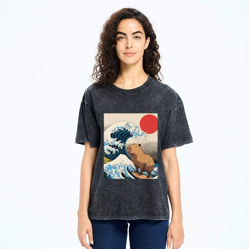 Tokyo-Tiger Funny Capybara Surfing Washed T-Shirt