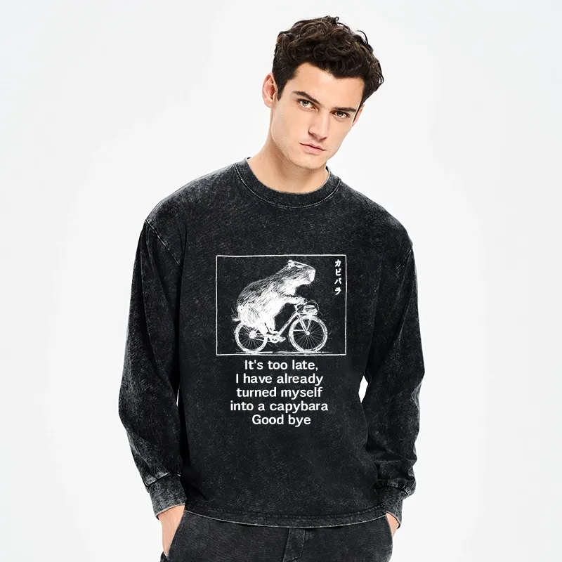 Tokyo-Tiger Funny Capybara Riding A Bicycle Washed Long Sleeve T-Shirt