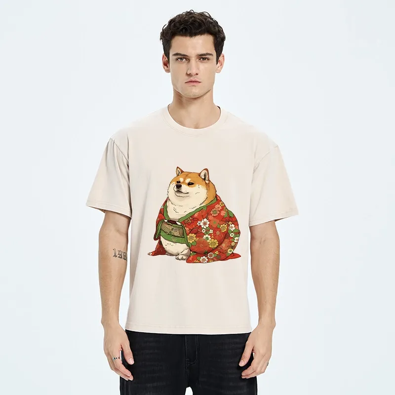 Tokyo-Tiger Shiba Inu Wearing Kimono Washed T-Shirt