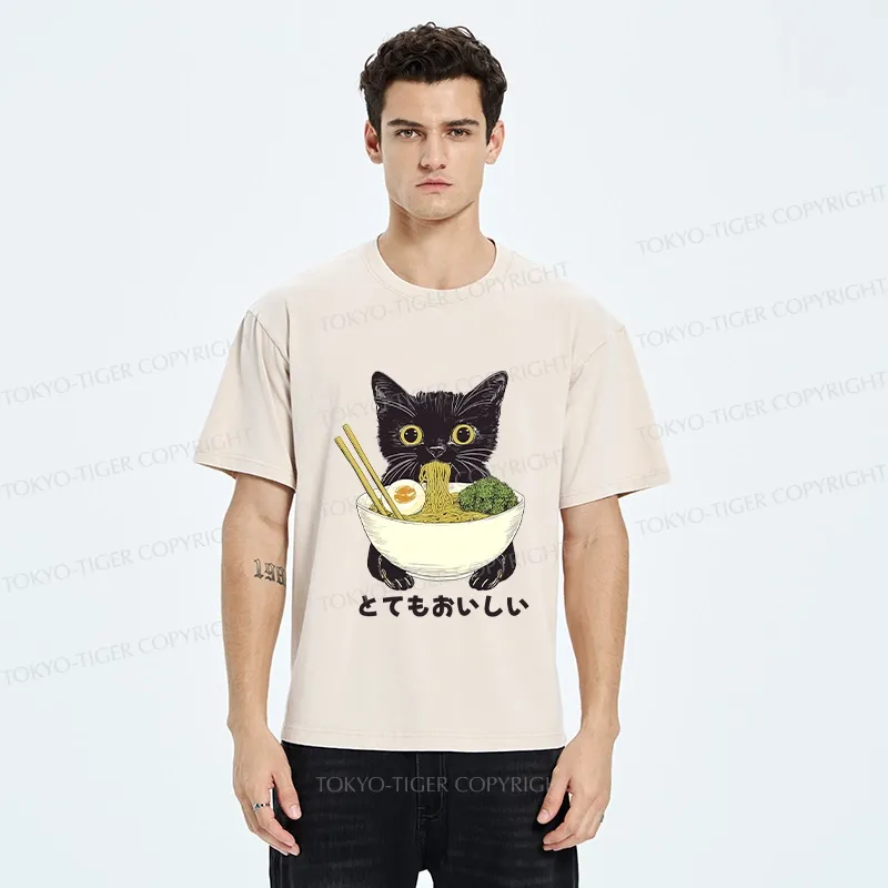 Tokyo-Tiger Ramen Lover Cute Cat Washed T-Shirt