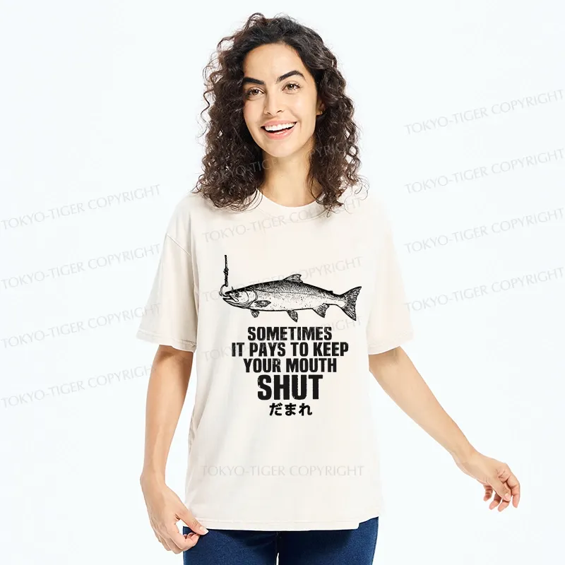 Tokyo-Tiger Funny Fish Shut Up Washed T-Shirt