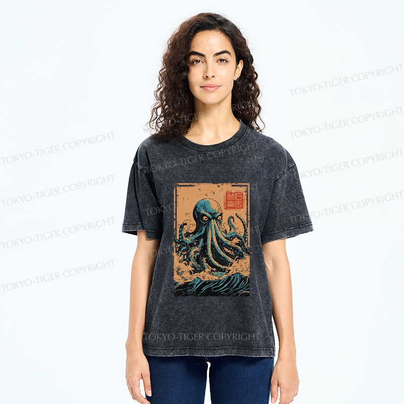 Tokyo-Tiger The Great Wave Off Octopus Washed T-Shirt