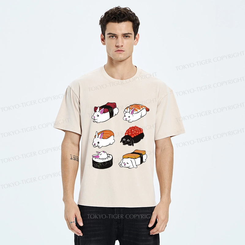 Tokyo-Tiger Cute Rabbit Sushi Washed T-Shirt