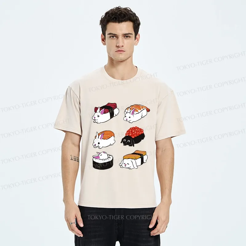 Tokyo-Tiger Cute Rabbit Sushi Washed T-Shirt