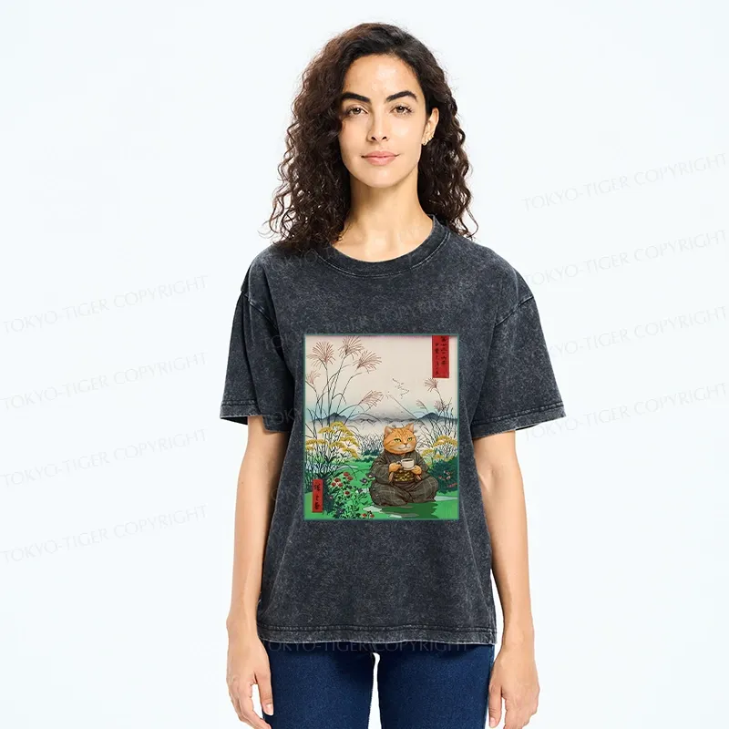 Tokyo-Tiger Cozy Cat Drinking Coffee Washed T-Shirt