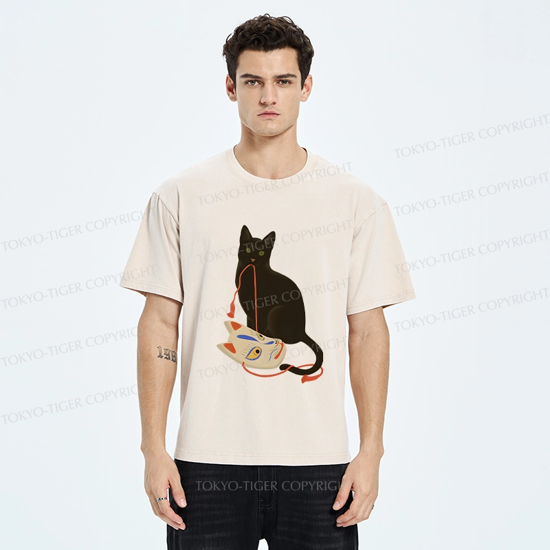Tokyo-Tiger Cat Holding A Fox Mask Washed T-Shirt