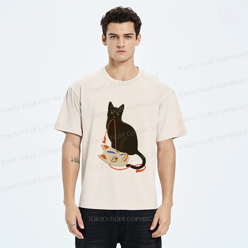 Tokyo-Tiger Cat Holding A Fox Mask Washed T-Shirt