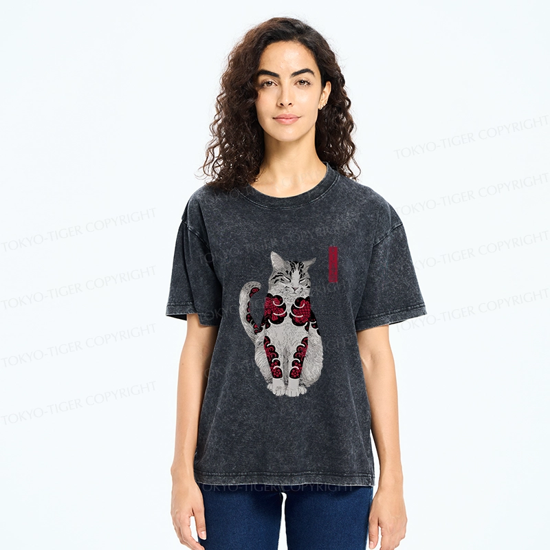 Tokyo-Tiger Tattooed Cat Washed T-Shirt