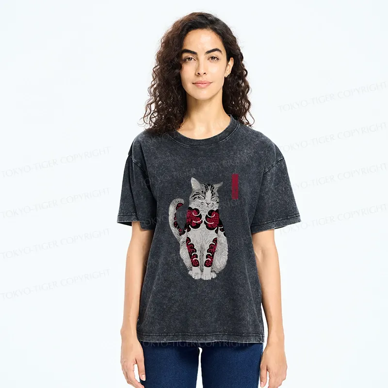 Tokyo-Tiger Tattooed Cat Washed T-Shirt