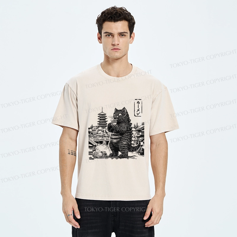 Tokyo-Tiger Ramen Lover Cat Monster Washed T-Shirt