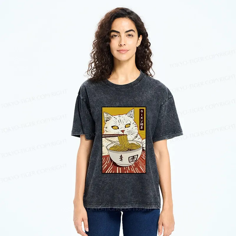 Tokyo-Tiger Cute Cat Ramen Lover Washed T-Shirt