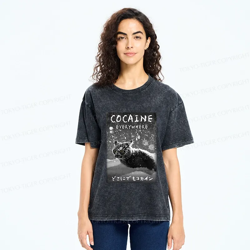 Tokyo-Tiger Funny Coaine Everywhere Washed T-Shirt