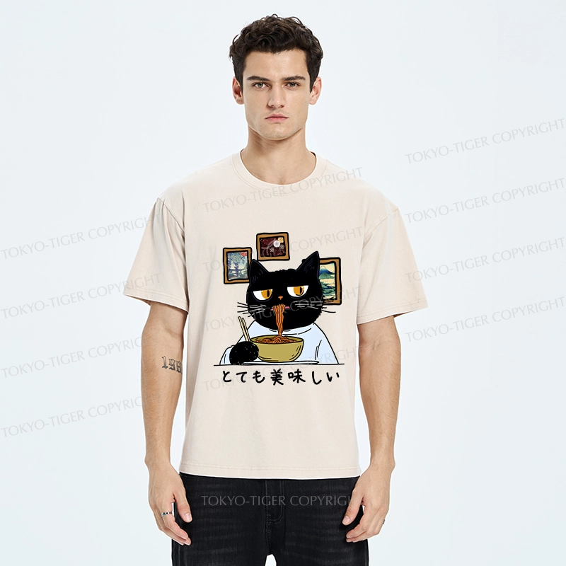 Tokyo-Tiger Cat Eating Delicious Ramen Washed T-Shirt