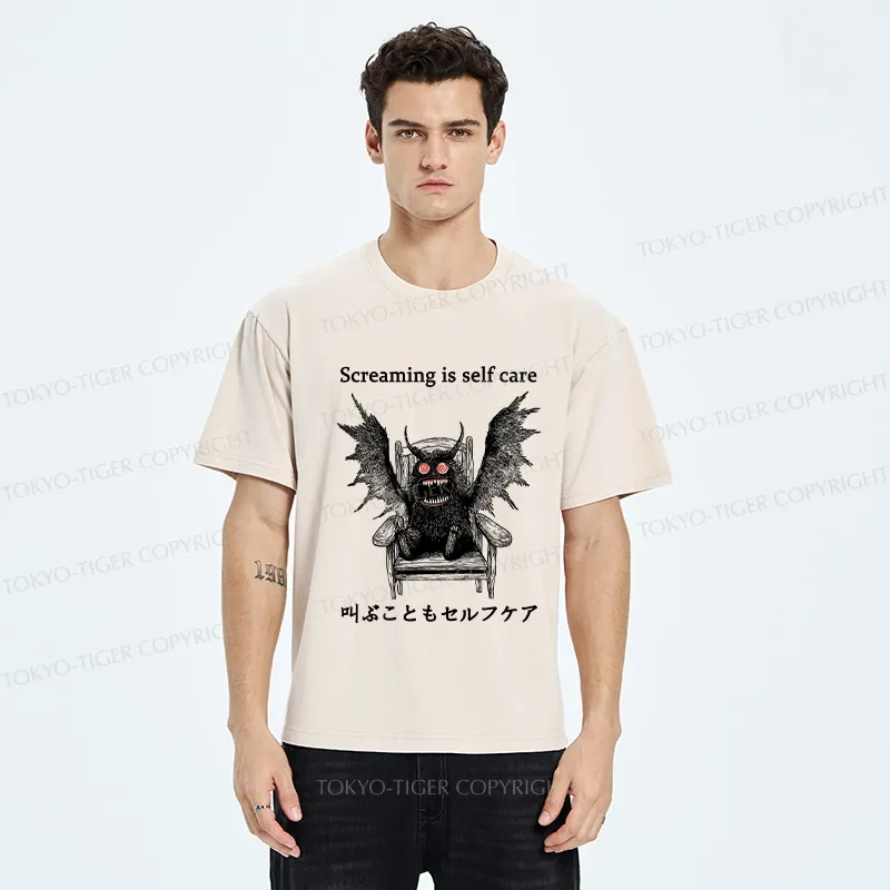 Tokyo-Tiger Screaming Is Self Care Washed T-Shirt