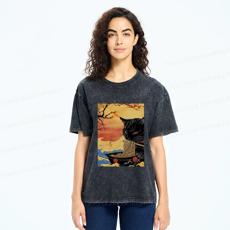 Tokyo-Tiger Cat Eating Ramen In The Sunset Washed T-Shirt