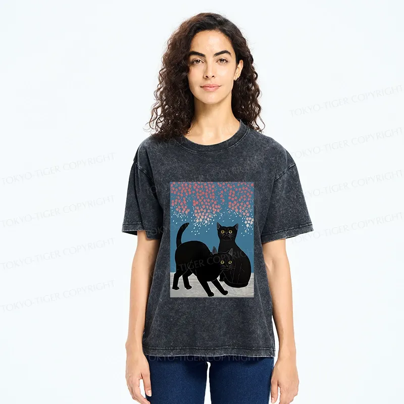 Tokyo-Tiger Black Cat Under The Sakura Washed T-Shirt