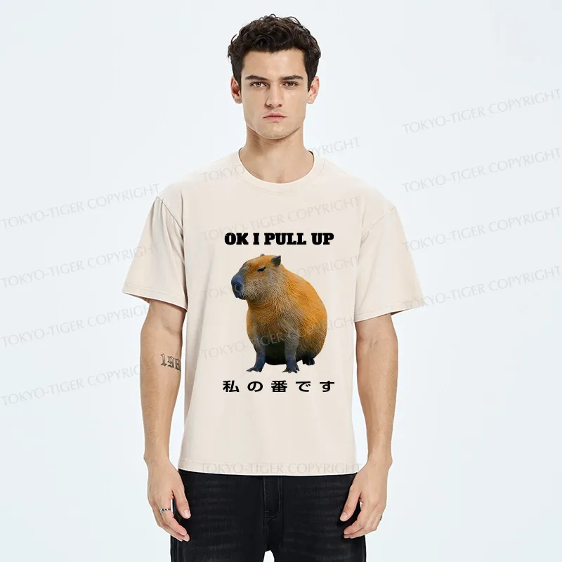 Tokyo-Tiger Ok I Pull Up Funny Capybara Washed T-Shirt