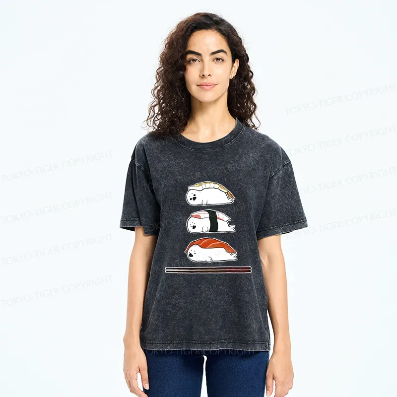 Tokyo-Tiger Cute Seal Sushi Washed T-Shirt