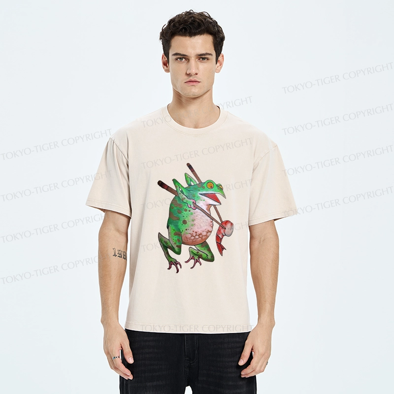 Tokyo-Tiger Funny Frog Picking Up Shrimp Washed T-Shirt