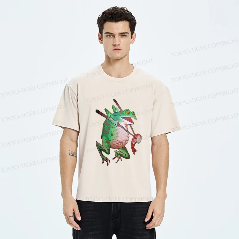 Tokyo-Tiger Funny Frog Picking Up Shrimp Washed T-Shirt