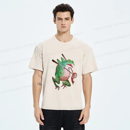 Tokyo-Tiger Funny Frog Picking Up Shrimp Washed T-Shirt