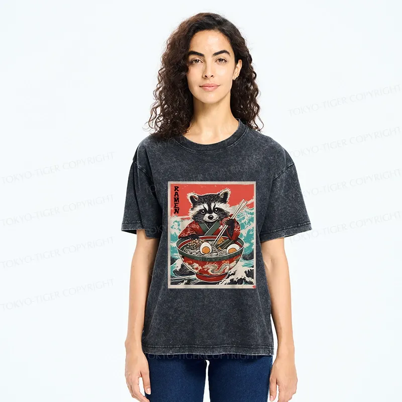 Tokyo-Tiger Ramen-loving Raccoon Washed T-Shirt