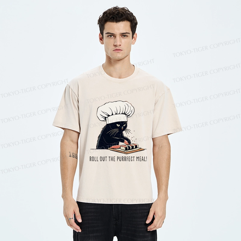 Tokyo-Tiger Roll Out The Purrfect Meal Washed T-Shirt