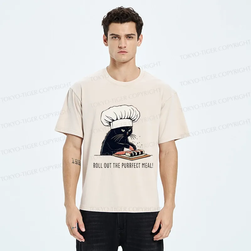 Tokyo-Tiger Roll Out The Purrfect Meal Washed T-Shirt