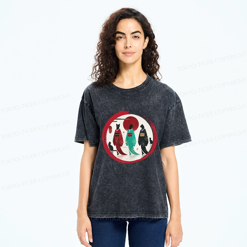 Tokyo-Tiger Black Cat Geisha Washed T-Shirt