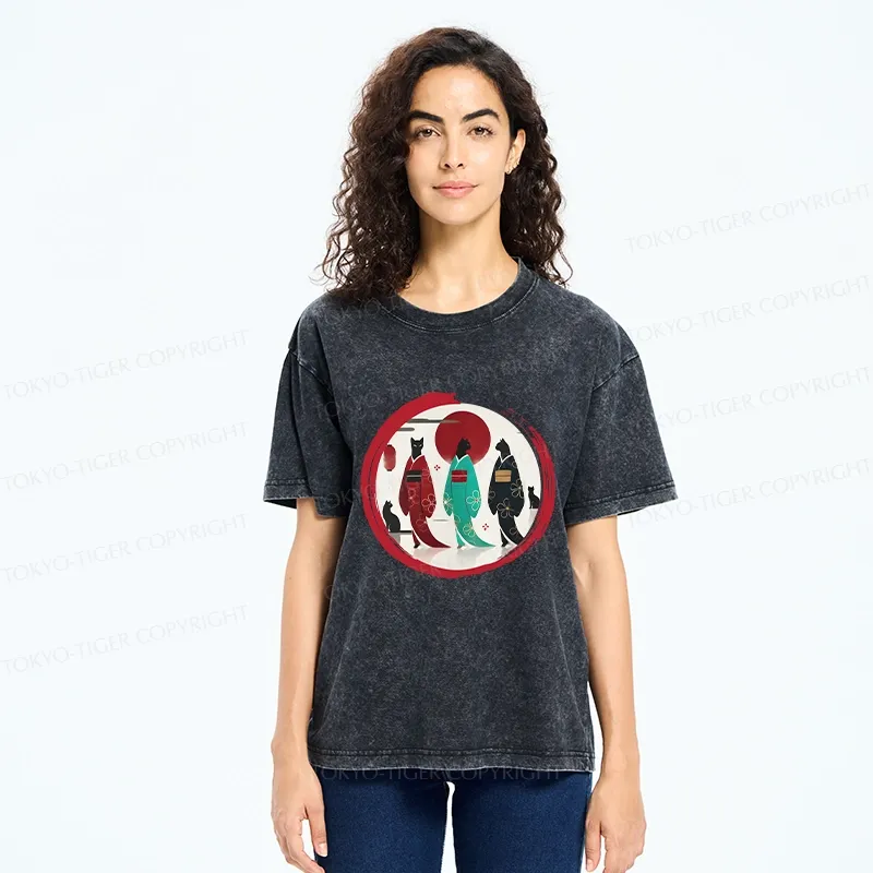 Tokyo-Tiger Black Cat Geisha Washed T-Shirt