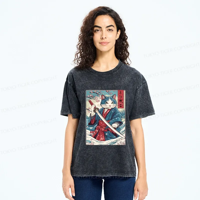 Tokyo-Tiger Japanese Cat Samurai Washed T-Shirt