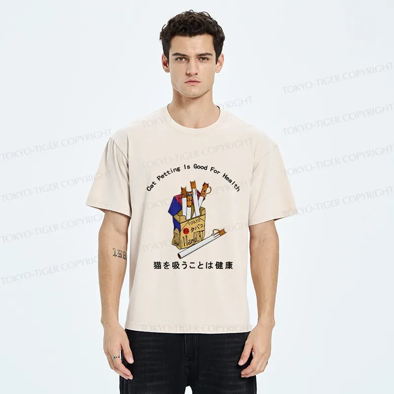 Tokyo-Tiger Cat Petting Is Good For Health Washed T-Shirt