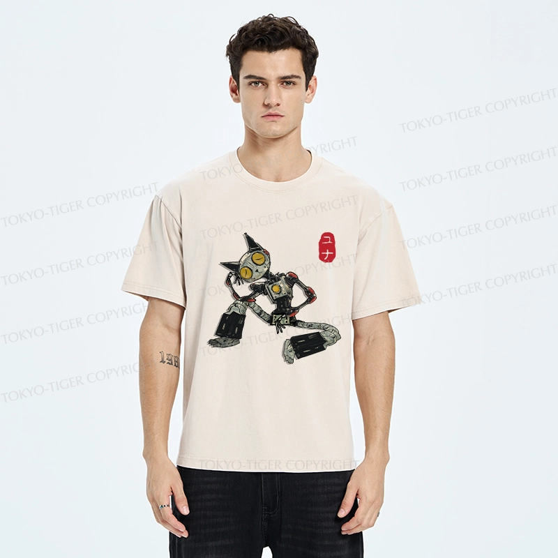 Tokyo-Tiger Contemplative Robot Cat Washed T-Shirt