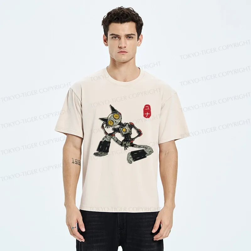 Tokyo-Tiger Contemplative Robot Cat Washed T-Shirt