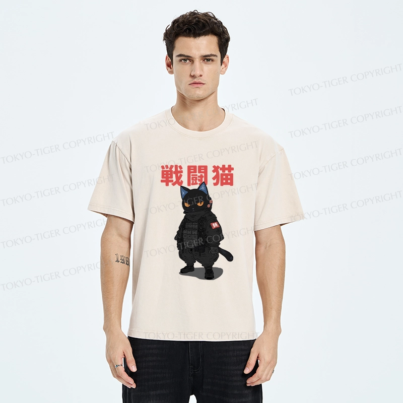 Tokyo-Tiger Fighting Cat Washed T-Shirt