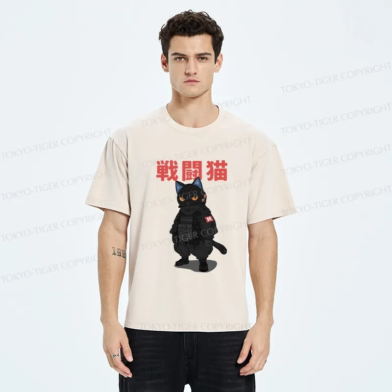 Tokyo-Tiger Fighting Cat Washed T-Shirt