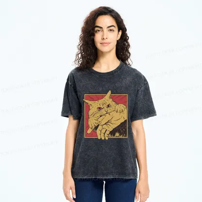 Tokyo-Tiger Retro Cat Biting Hand Washed T-Shirt
