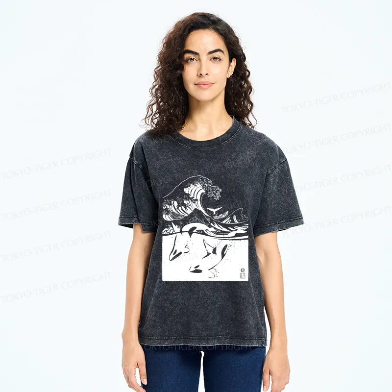 Tokyo-Tiger Whales In The Great Waves Washed T-Shirt