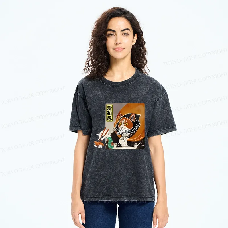Tokyo-Tiger Sushi Ninja Cat Washed T-Shirt