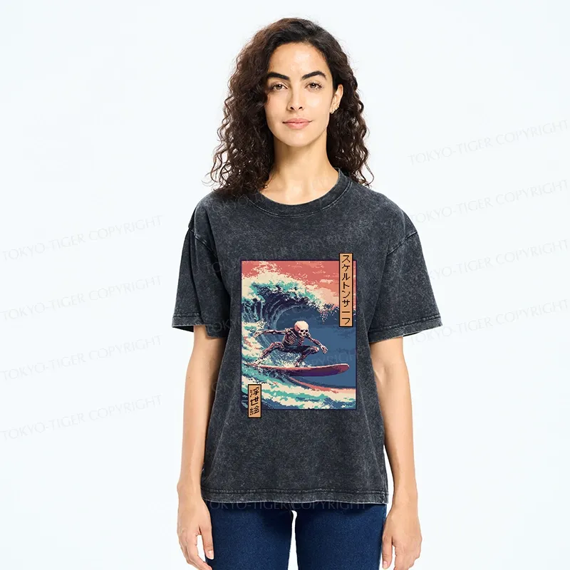 Tokyo-Tiger Skeleton Surfing Washed T-Shirt