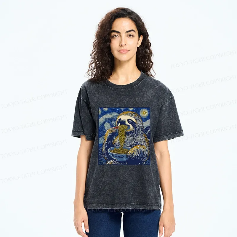 Tokyo-Tiger Ramen Lover Cute Sloth Washed T-Shirt