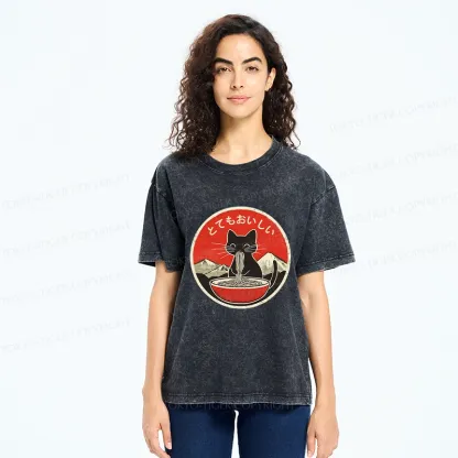 Tokyo-Tiger Cat Eating Yummy Ramen Washed T-Shirt
